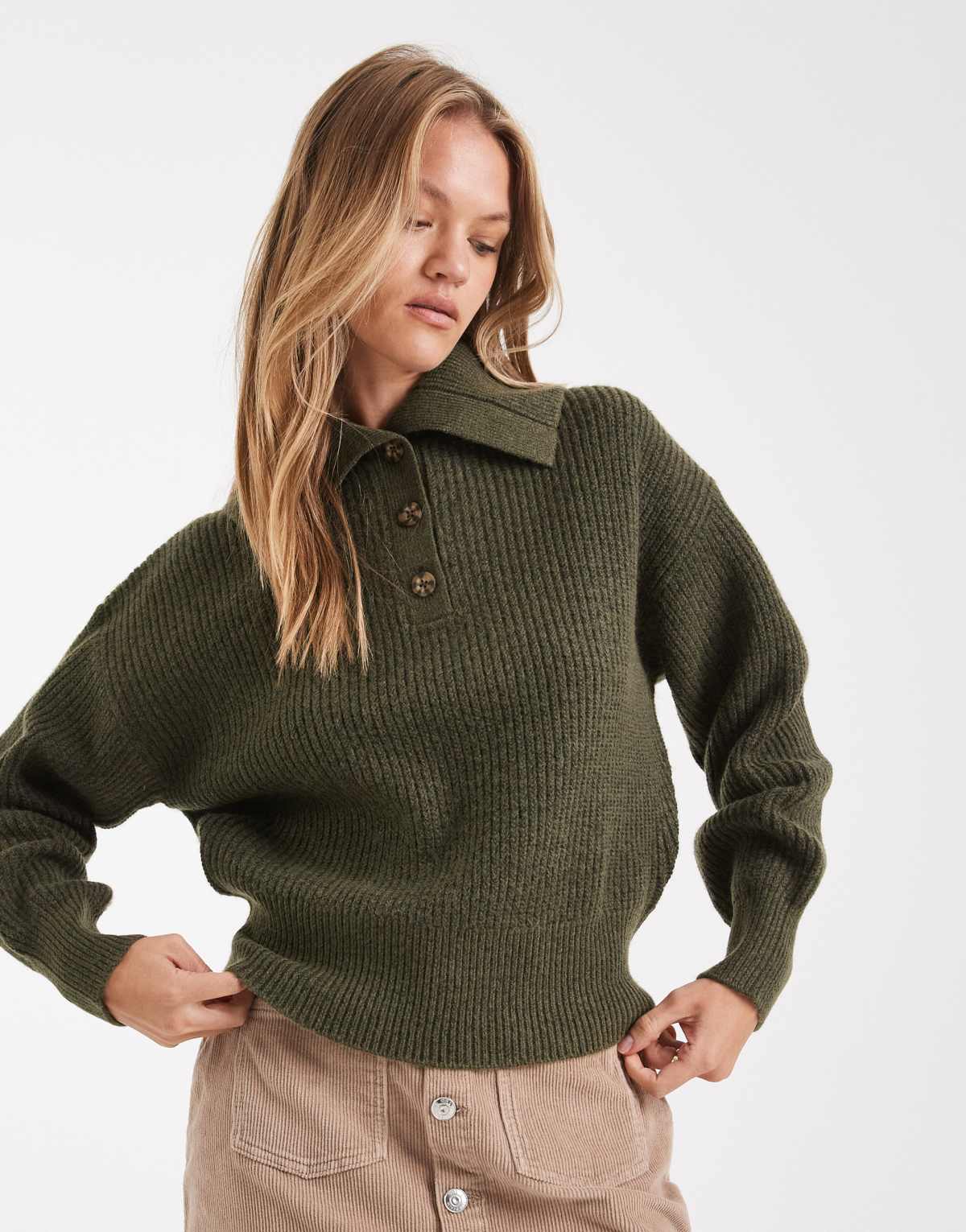 ASOS DESIGN sailor collar fisherman rib jumper in khaki