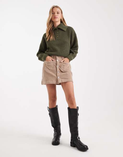 ASOS DESIGN sailor collar fisherman rib jumper in khaki, 2 of 4