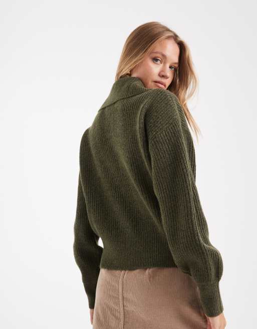 ASOS DESIGN sailor collar fisherman rib knit sweater in khaki green