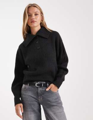Asos Design Sailor Collar Fisherman Rib Sweater In Black