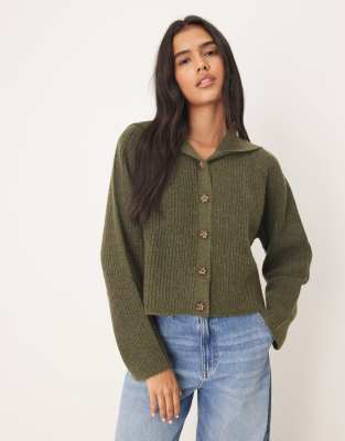 Asos Design Sailor Collar Fisherman Ribbed Cardigan In Green