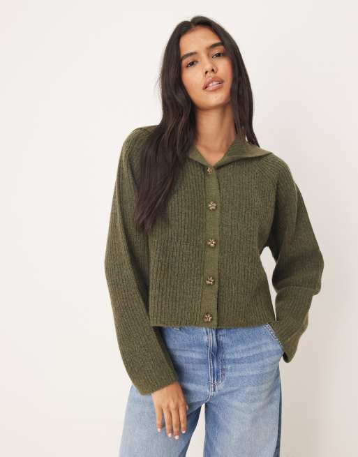 ASOS DESIGN sailor collar fisherman ribbed cardigan in khaki, 2 of 4