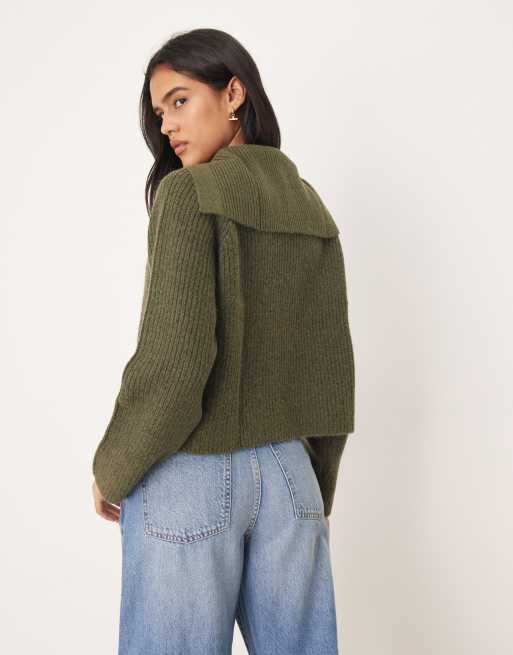 ASOS DESIGN sailor collar fisherman ribbed cardigan in khaki, 4 of 4