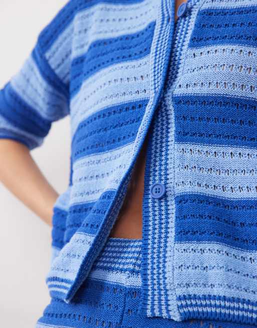 ASOS DESIGN Sally beach knit button through top co ord in blue stripe, 3 of 4