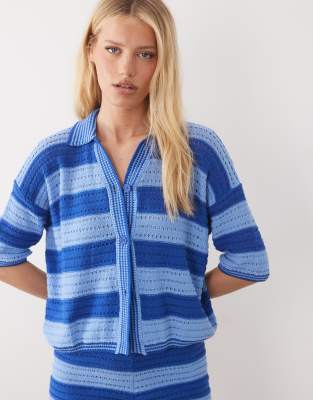 Asos Design Sally Beach Knit Button Through Top In Blue