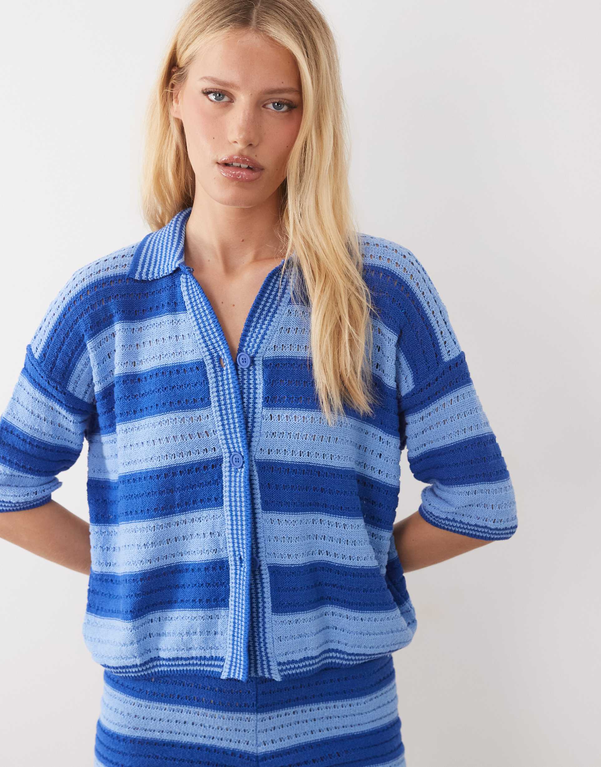 asos design sally beach knit button through top in blue stripe - part of a set