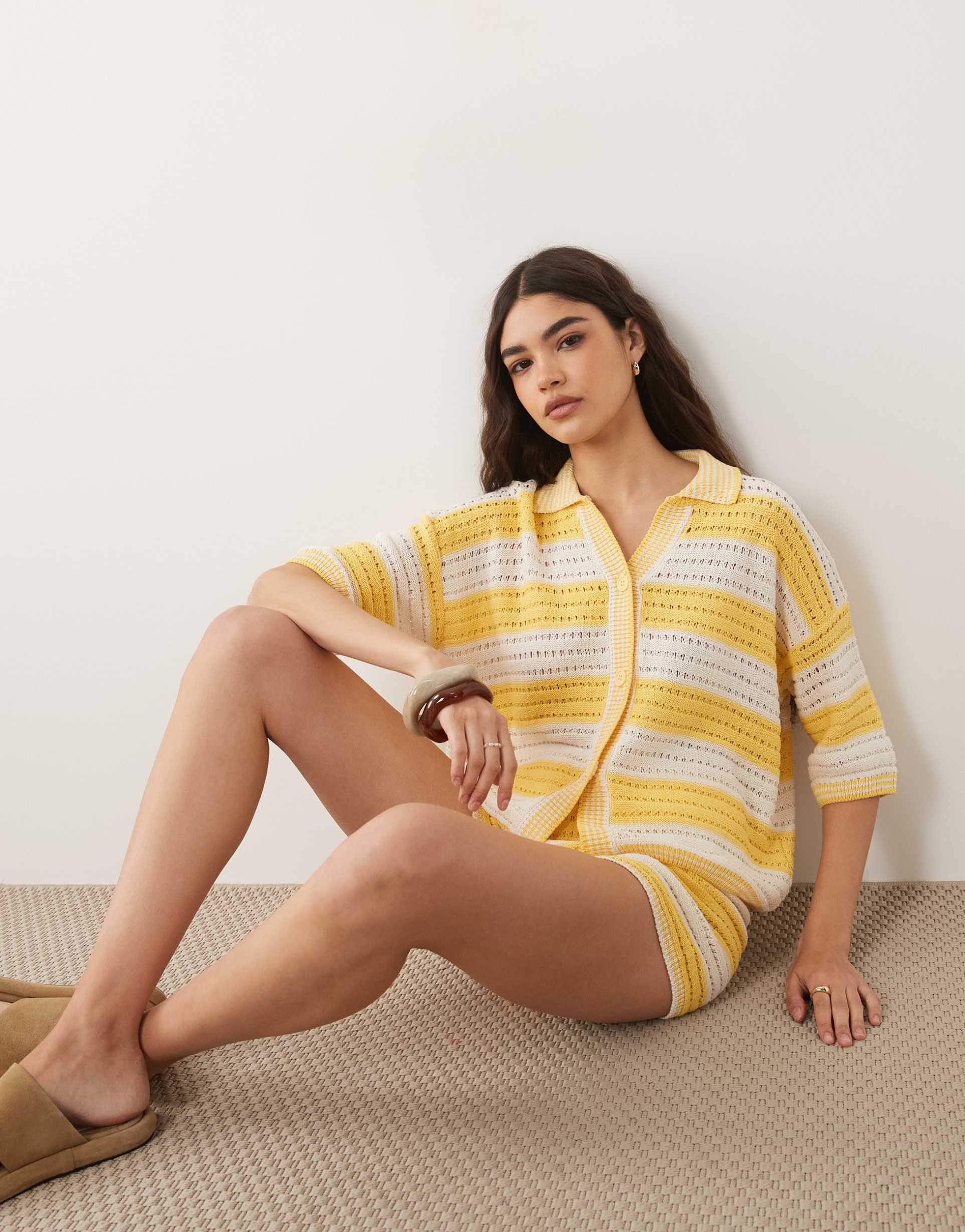 asos design sally beach knit button up top in yellow and white stripes - part of a set
