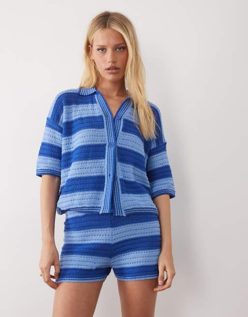 ASOS DESIGN Sally beach knit short co ord in blue stripe, 2 of 5