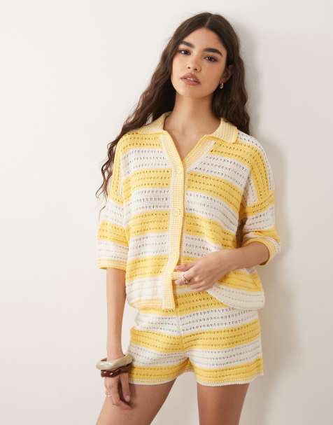 ASOS DESIGN Sally beach knit short co ord in yellow and white stripe - view 1
