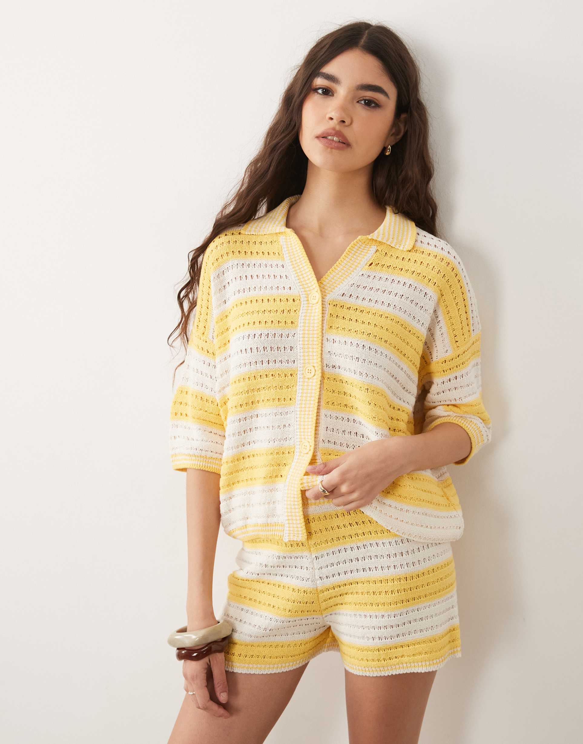 asos design sally beach knit shorts in yellow and white stripe - part of a set