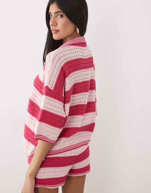 ASOS DESIGN – Sally – Gestreiftes Strandoberteil aus Strick in Rosa mit Knopfleiste, Kombiteil, 4 von 4