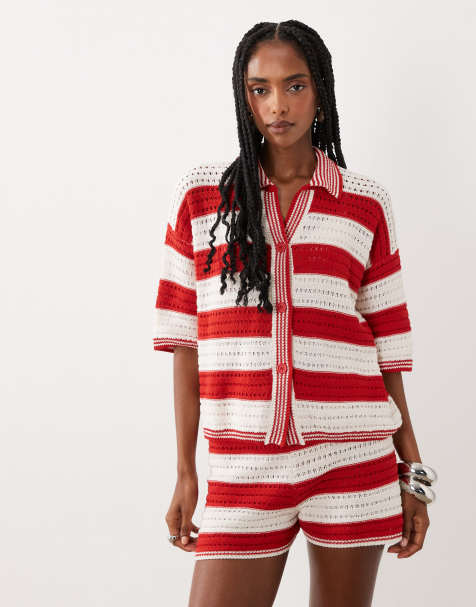 ASOS DESIGN Sally knit beach shorts in red stripes - part of a set - view 1
