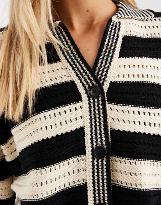 ASOS DESIGN Sally knit button up beach top in black and cream stripes - part of a set, 3 of 4