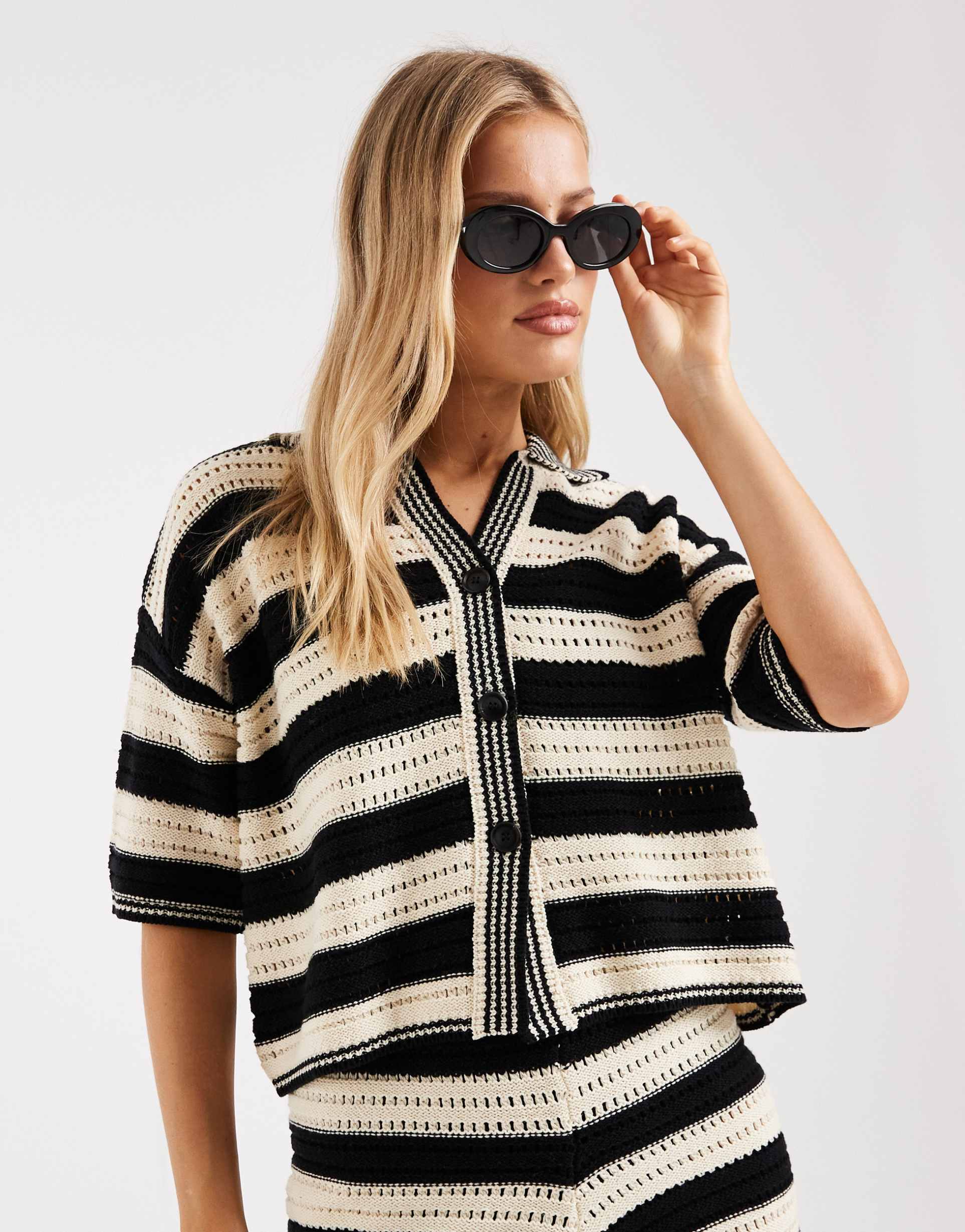 asos design sally knit button up beach top in black and cream stripes - part of a set