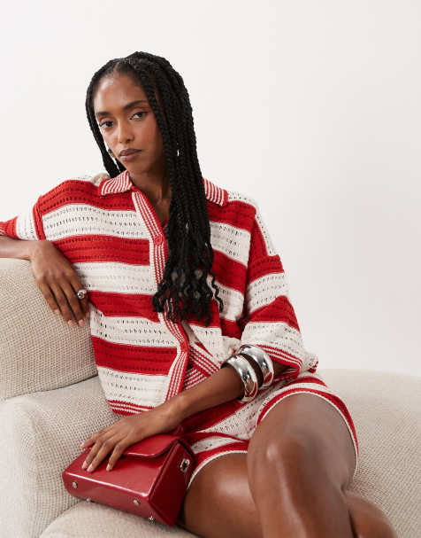 ASOS DESIGN - Sally - Rød strikket strandtop med gennemgående knapper og striber - Del af sæt - view 1