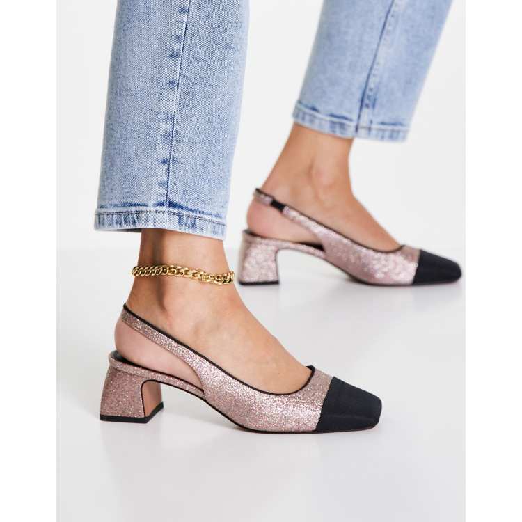 ASOS DESIGN Sally toe cap slingback block heeled shoes in glitter