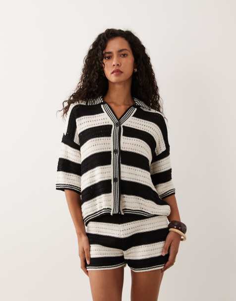 ASOS DESIGN – Sally – Zapinany na guziki plażowy dzianinowy top w czarno-białe paski, część zestawu - view 1