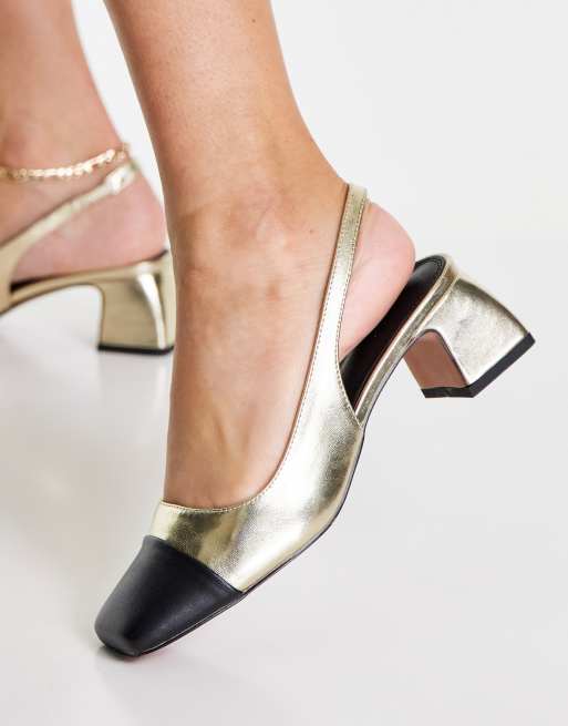 ASOS DESIGN – Sally – Złote buty na obcasie klockowym, z paskami za piętami i odcinanymi noskami