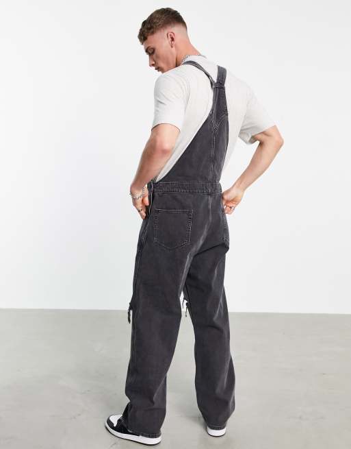 ASOS DESIGN - Salopette di jeans ampia nero slavato con strappi sulle ginocchia, 2 di 4