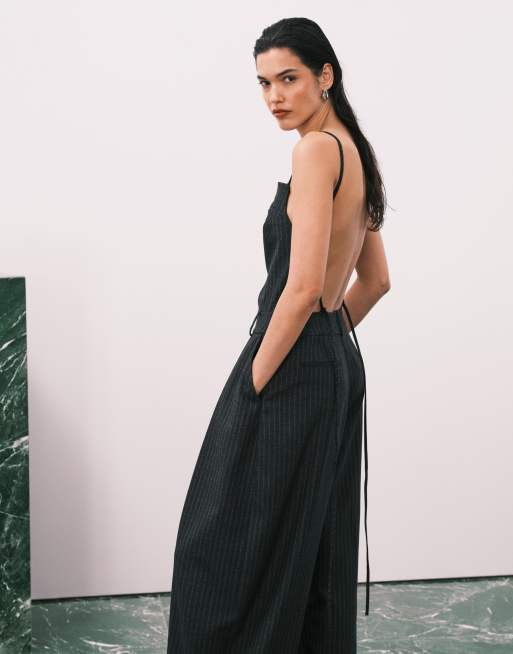 ASOS DESIGN - Salopette sartoriale nera con motivo gessato e schiena scoperta, 4 di 10