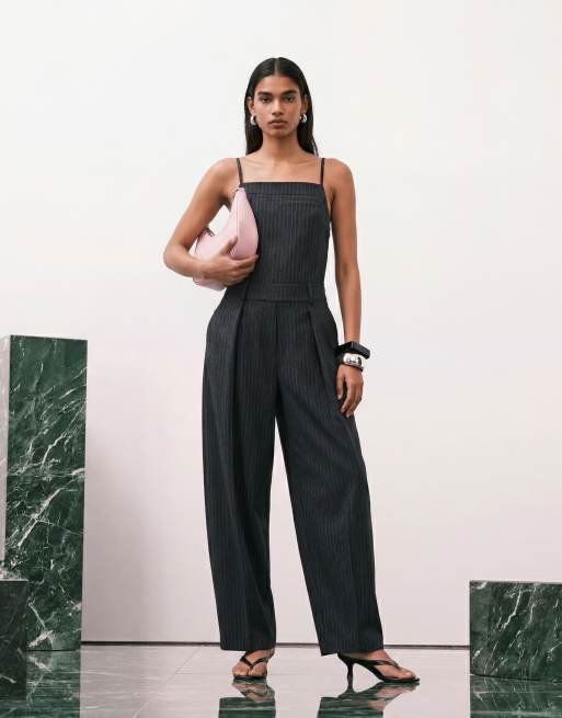 ASOS DESIGN - Salopette sartoriale nera con motivo gessato e schiena scoperta, 9 di 10