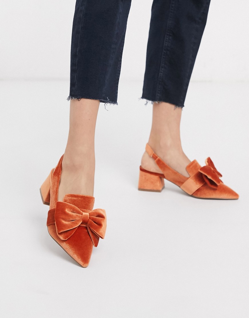 ASOS DESIGN Salsa slingback mid-heels with bow in orange velvet