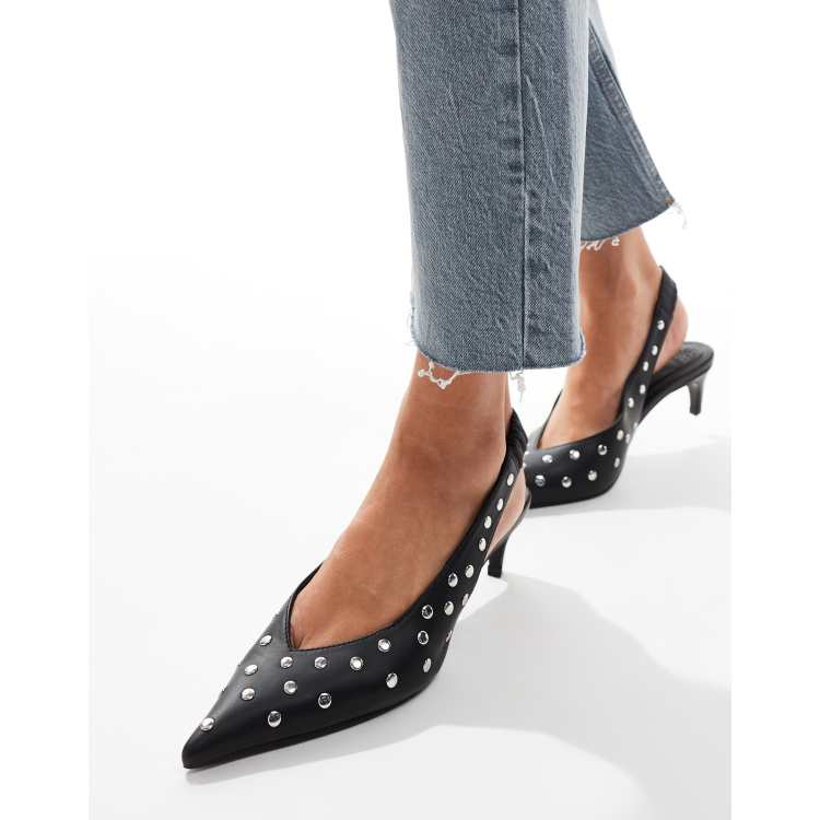 ASOS DESIGN Salsa studded slingback kitten heel shoes in black ASOS