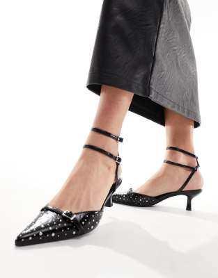 Asos Design Salsa Studded Slingback Kitten Heeled Shoes In Black