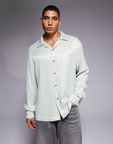 ASOS DESIGN – Salviagrön, avslappnad skjorta med platt krage av satin - view 1