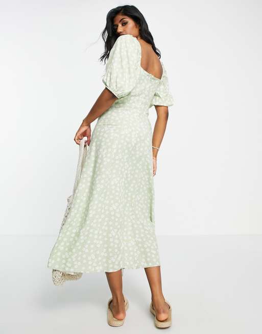 ASOS DESIGN – Salviagrön, blommig midiklänning med puffärmar, rynkad byst och slits , 2 av 4