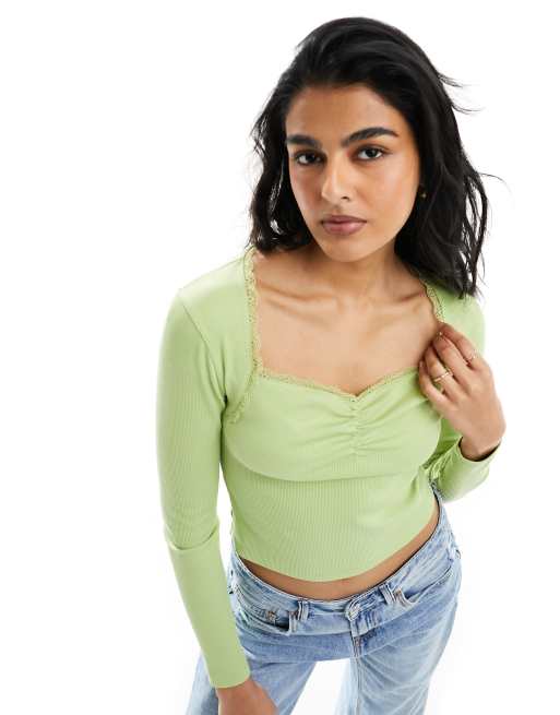 ASOS DESIGN – Salviagrön, långärmad topp med hjärtformad ringning och picotkant