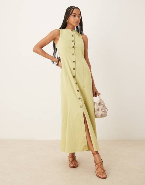 ASOS DESIGN – Salviagrön maxiklänning i kostymväst-modell med båtringning och knäppning - view 1