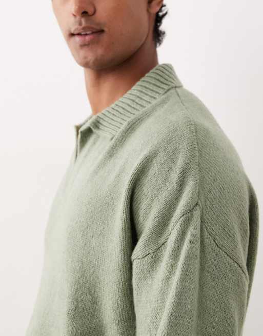 ASOS DESIGN – Salviagrön, melerad, stickad pikétröja i extra oversize och boxig passform och sprund vid halsen	, 4 av 5