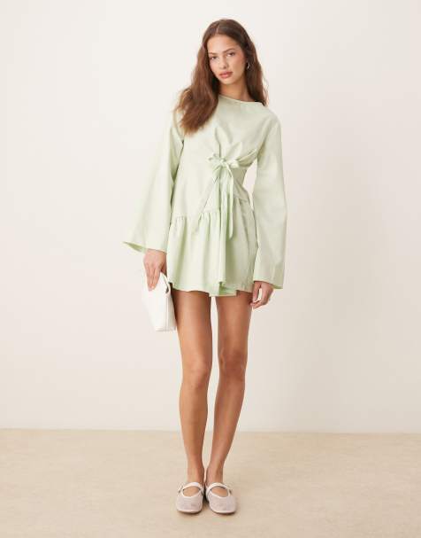 ASOS DESIGN – Salviagrön miniklänning i poplin med knytning i midjan - view 1