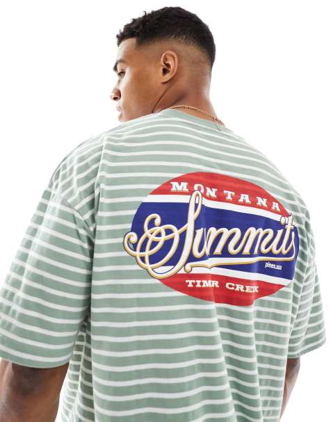 ASOS DESIGN – Salviagrön och vit, randig t-shirt i oversize med tryck fram- och baktill - view 1