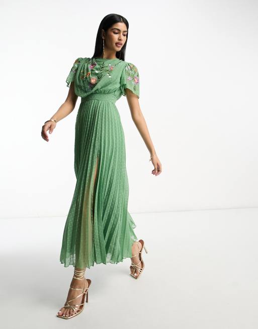 ASOS DESIGN – Salviagrön plisserad maxiklänning i dobbyväv med draperad ringning och broderi, 3 av 4