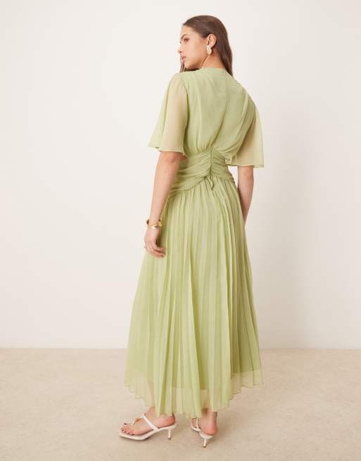 ASOS DESIGN – Salviagrön, plisserad midiklänning med omlottdesign, draperad ringning och utskurna detaljer, 3 av 4
