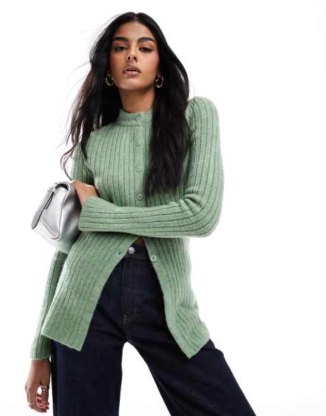 ASOS DESIGN – Salviagrön, ribbad kofta i lång modell med rund halsringning - view 1
