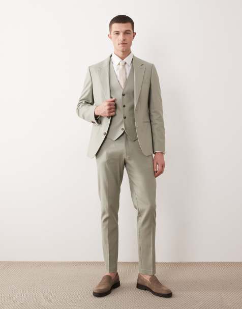 ASOS DESIGN – Salviagrön, smal kostym i linnerikt tyg - view 1