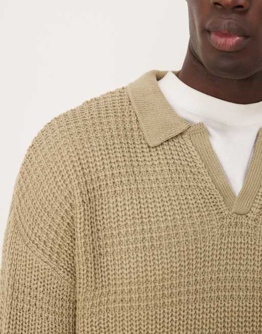 ASOS DESIGN – Salviagrön, stickad, texturerad tröja med avslappnad passform och pikékrage med sprund, 3 av 4