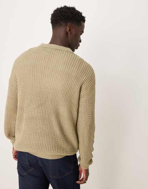 ASOS DESIGN – Salviagrön, stickad, texturerad tröja med avslappnad passform och pikékrage med sprund, 4 av 4