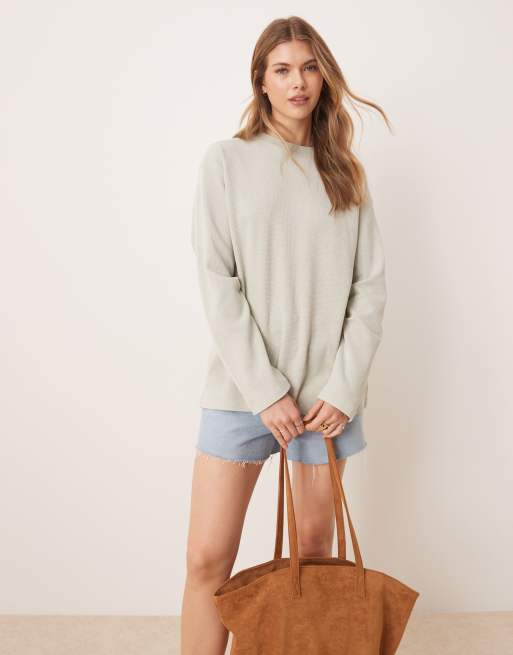 ASOS DESIGN – Salviagrön, tvättad t-shirt i skatermodell med våfflad struktur och långa ärmar