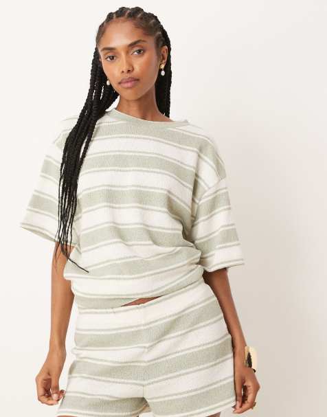 ASOS DESIGN – Salviagröna, stickade, randiga korta shorts, del av set - view 1