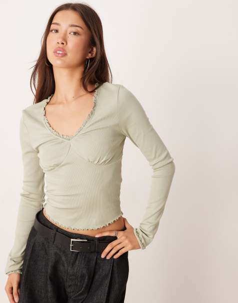 ASOS DESIGN - Salviefarvet T-shirt med lange ærmer og v-hals - view 1