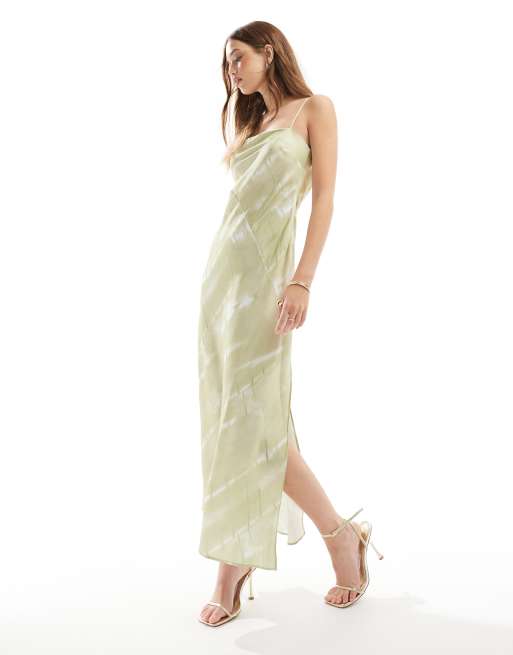 ASOS DESIGN - Salviegrøn bandeau-maxikjole med søjlesnit og abstrakt print i satin, 4 af 4