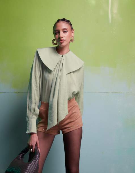 ASOS DESIGN - Salviegrøn bluse med stor krave og bindebånd i halsen - view 1