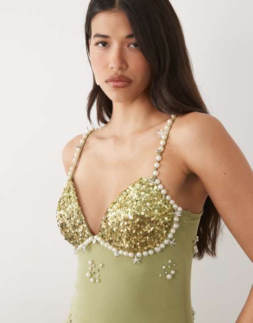 ASOS DESIGN - Salviegrøn cami-kjole med perlebesat mesh, 4 af 4