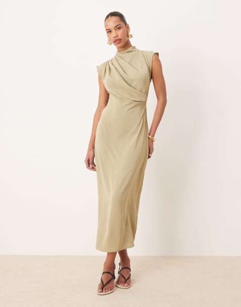 ASOS DESIGN - Salviegrøn højhalset midikjole uden ærmer med draperet hals - view 1