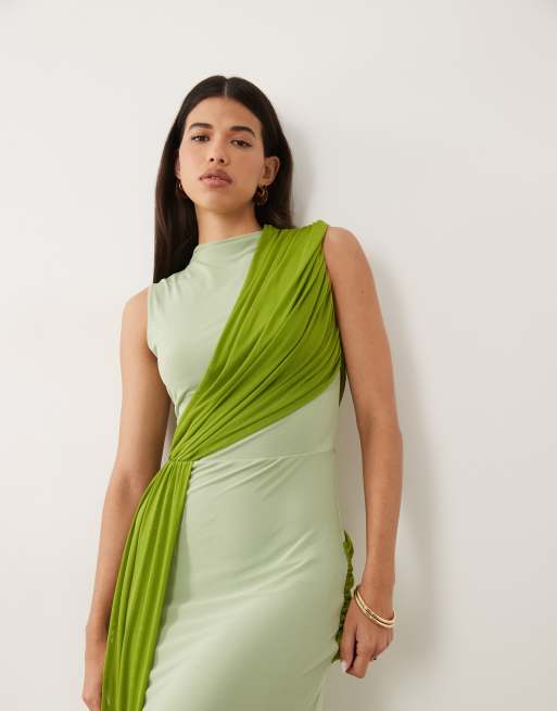 ASOS DESIGN - Salviegrøn maxikjole i mesh med farveblok-design og skærfdetalje, 2 af 4
