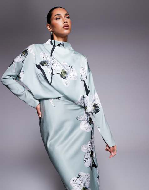 ASOS DESIGN - Salviegrøn maxikjole med høj hals, ærmedetalje, skråsnit og blomstermønster i satin - view 1